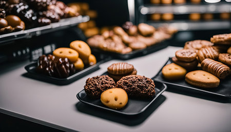 A close up of a selection of various pastries, cookies and chocolates on a black table.