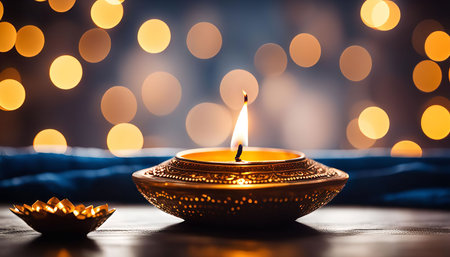 A single lit candle in a golden diya sits on a table with a blue fabric and bokeh lights behind it....