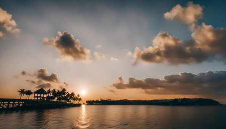 A scenic view of a sunrise over a tropical island with palm trees and a wooden pier.の写真素材