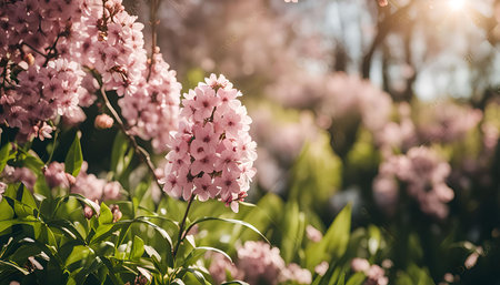 A close-up view of delicate pink cherry blossoms bathed in warm sunlight. The petals are soft and delicate, creating a sense of peace and tranquility. The bright green leaves provide a beautiful contrast to the pink flowers.の写真素材
