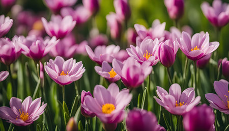 A close-up view of a field filled with delicate pink flowers in full bloom. The petals are soft and vibrant, creating a beautiful and calming scene.の写真素材