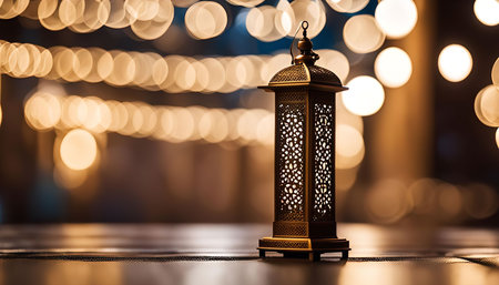 A close-up shot of a golden ornate lantern with intricate designs standing on a table with a warm...