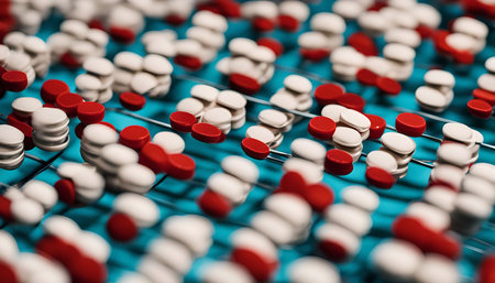A close-up photo of pills on a conveyor belt in a pharmaceutical factory. The pills are red and white, and they are arranged in a pattern on the belt. The photo captures the detail of the pills and the industrial setting.の写真素材