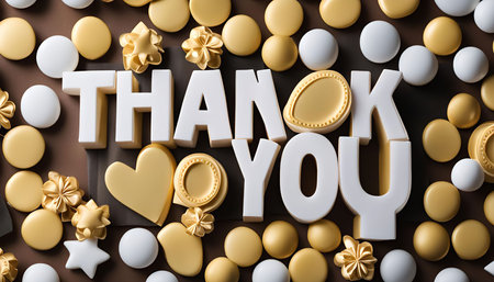 A close-up shot of white letters spelling 'Thank You' surrounded by golden and white decorations on a brown background.の写真素材