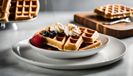 A plate of golden waffles topped with whipped cream and fresh berries, ready to be drizzled with syrup.の写真素材