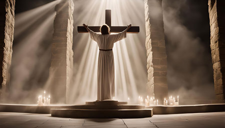 A dramatic image of Jesus on the cross, illuminated by a beam of light in a church setting, surrounded by candles.の写真素材
