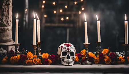 A sugar skull decorated with colorful designs, surrounded by burning candles and bright flowers, celebrating the Day of the Dead.の写真素材