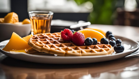 A plate of golden waffles topped with fresh blueberries and raspberries, a side of yellow syrup, and a glass of orange juice. It's a delicious and refreshing breakfast or dessert.の写真素材