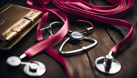 A close-up shot of a stethoscope with a pink ribbon on a wooden surface, representing the importance of medical care and the delicate balance between health and life.の写真素材