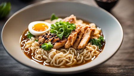 A close-up view of a bowl of ramen, a Japanese noodle soup dish. The noodles are covered in broth, chicken, a soft-boiled egg, and fresh cilantro.の写真素材