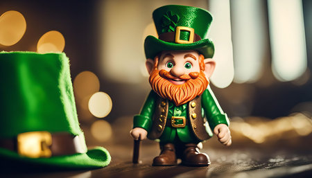 A smiling Leprechaun figurine wearing a green hat and holding a stick, capturing the spirit of Irish folklore and traditions.の写真素材