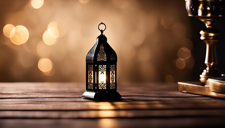 A lit lantern on a wooden table with a warm glow, creating a serene and inviting atmosphere.