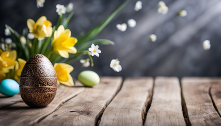 A beautifully decorated Easter egg rests on a wooden table, surrounded by spring blooms and a rustic...