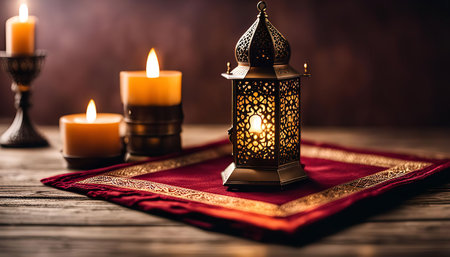 A close-up shot of a decorative lantern with candles on a red fabric, the light from the candles...