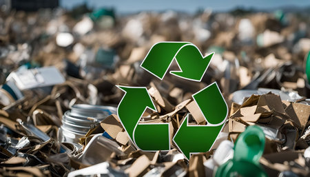 A green recycling symbol is prominent against a blurry background of a pile of waste, highlighting...