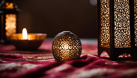A close-up of three decorative lanterns with intricate patterns illuminating a festive setting. The...