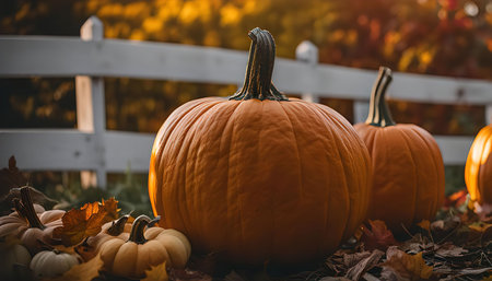 A close-up view of pumpkins on the ground surrounded by fallen leaves. The pumpkins are orange and ripe, and there are several in the image, suggesting a bountiful harvest. The background is blurred and the focus is on the pumpkins, making it a beautiful and evocative image of autumn.の写真素材