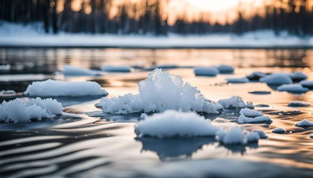 Melting ice floats on a river in winter, the water reflecting the blue sky and creating a calm and serene atmosphereの写真素材