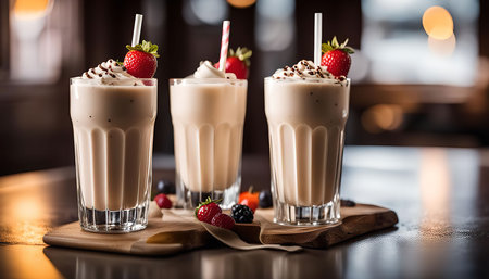 Three milkshakes with whipped cream and strawberries on a wooden board, a sweet and delicious treatの写真素材