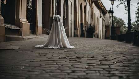 A solitary white ghost figure stands in the middle of a narrow cobblestone alley, surrounded by tall...