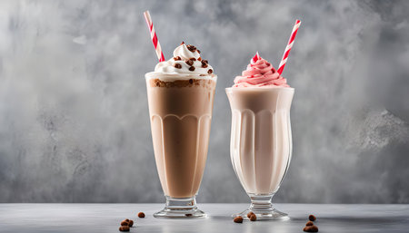 Two milkshakes, one chocolate and one strawberry, with whipped cream and straws. They are on a gray background.の写真素材
