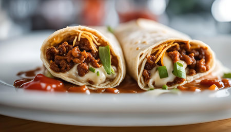 Two tasty burritos filled with ground beef, cheese, and sour cream, sitting on a white plate with a side of ketchup.の写真素材