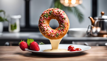 A donut with sprinkles and a glazed finish stands tall on a plate, with a drizzle of white frosting, accompanied by red strawberries. This image captures a delightful and creative culinary scene.の写真素材