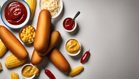 A close-up view of corn dogs, ketchup, mustard, and cheese on a white surface, ready to be eatenの写真素材