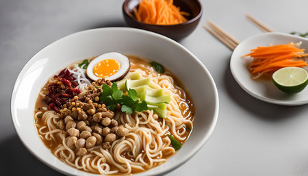 A close-up image of a bowl of Asian noodle soup with an egg, avocado, and other delicious toppings.の写真素材