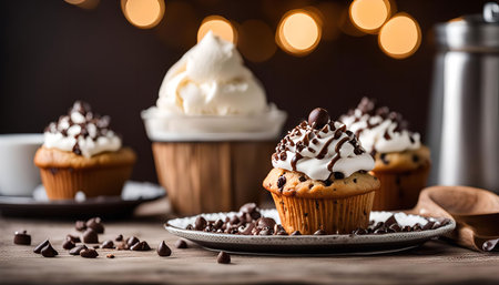 Close-up of three chocolate chip cupcakes topped with whipped cream and a drizzle of chocolate. The cupcakes are on a plate with chocolate chips scattered around them. The image is taken with a warm light and the bokeh effect in the background is very beautifulの写真素材