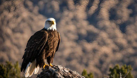 A Bald Eagle stands on a branch overlooking a mountainous landscape. The eagle's sharp eyes are...