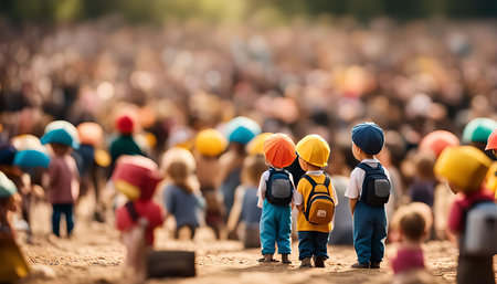 A group of miniature kids in the middle of a large crowd, the image focuses on the front row of tiny kids, they're all looking somewhere in the distance. The image is filled with bright colors, and the crowd is out of focus.の写真素材