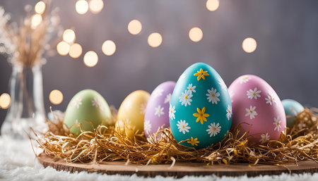 Close-up shot of colorful Easter eggs decorated with floral patterns, nestled in a hay nest on a...