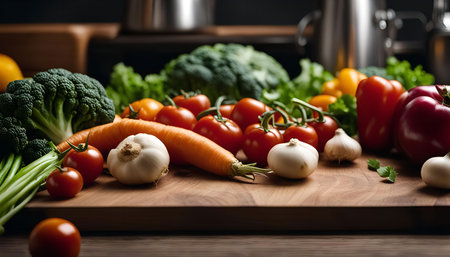 A close-up of a wooden cutting board with a variety of fresh vegetables, including tomatoes,...