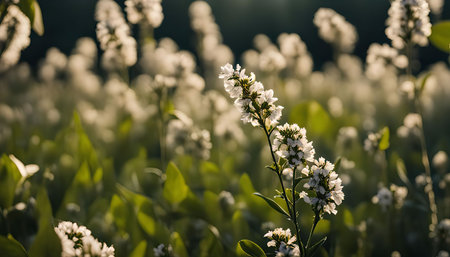 Close-up shot of white flowers in a meadow on a sunny day.の写真素材
