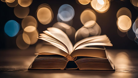 An open book with its pages turned up, illuminated by warm bokeh lights. A symbol of knowledge,...