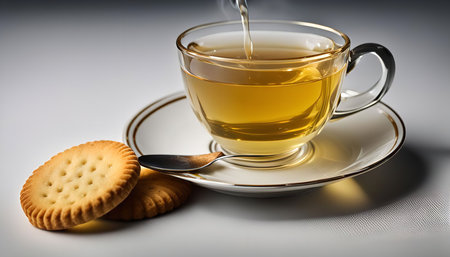 A cup of tea with a steam rising from the hot water, along with a couple of delicious biscuits, ready to be enjoyed.の写真素材