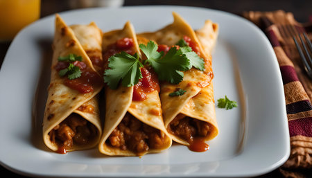 A close-up shot of three enchiladas, garnished with salsa and parsley. The enchiladas are nestled on a white plate, showing their rich brown and red hues.の写真素材