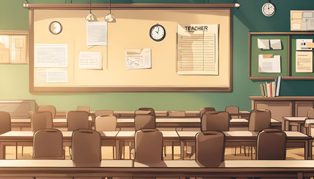 A bright and empty classroom with sunlight shining through the windows, illuminating the rows of...