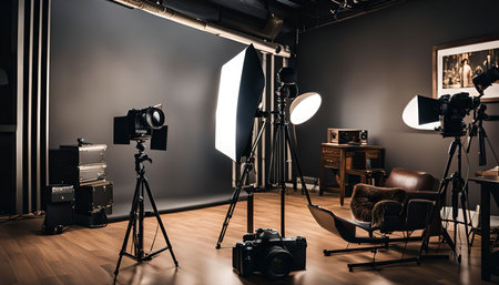 A professional photography studio setup with cameras on tripods, lighting equipment, and a backdrop. The studio is well-lit and ready for a photoshoot.の写真素材