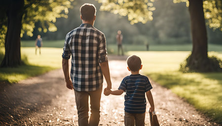 A father and son walk hand-in-hand through a park. The father is wearing a plaid shirt and the son is wearing a striped shirt.の写真素材