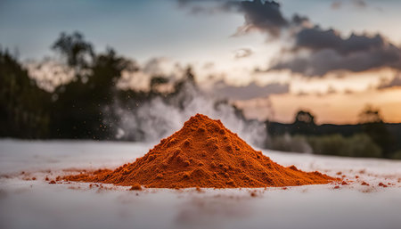 A pile of red powder, possibly chili powder, on a white surface with a blurred background of a sunset and sky.の写真素材