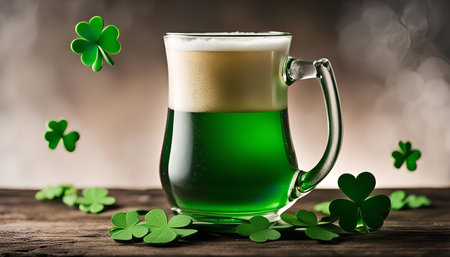A glass of green beer with shamrocks surrounding it, celebrating St. Patrick's Day.
