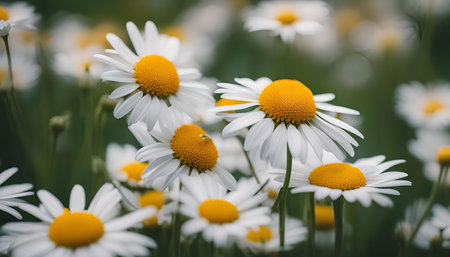 A close-up shot of daisies blooming in a field, showing their delicate white petals and bright yellow centers.の写真素材