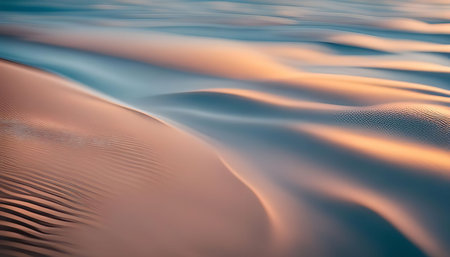 A close-up abstract view of sand dunes at sunset, capturing the warm light and smooth curves of the landscape.の写真素材