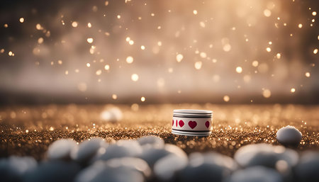 Close up of a white gift box with red hearts decorated on top. The gift box is placed on the shiny surface of gold glitter.の写真素材