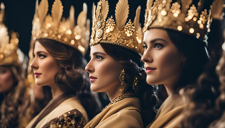 A group of beautiful women with golden crowns and elegant attire in a portrait style photo.の写真素材