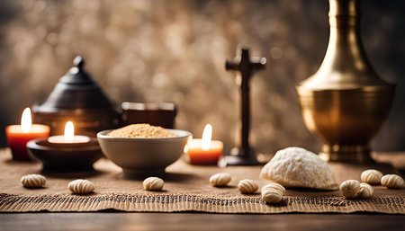 A still life of religious objects set up for a ceremony, featuring candles, a cross, and other symbolic items.の写真素材