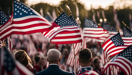A crowd of people waving American flags during a patriotic event.の写真素材