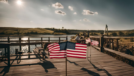 Two American flags stand proudly on a wooden dock overlooking a tranquil lake. The sun shines...